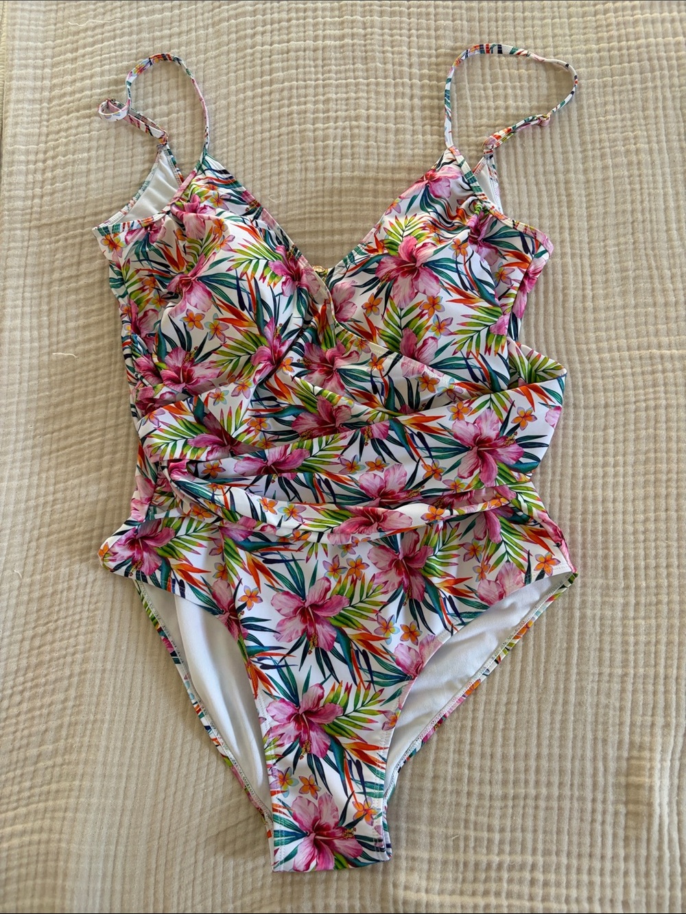 NEVER WORN, Women’s White Tropical Floral One-Piece Swimsuit with Pink Flowers
